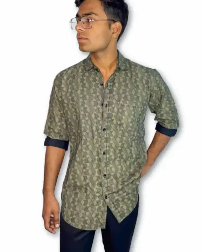 Geometric Grid Shirt - Men's Casual Full Sleeve Shirt in Green & Grey with Pocket